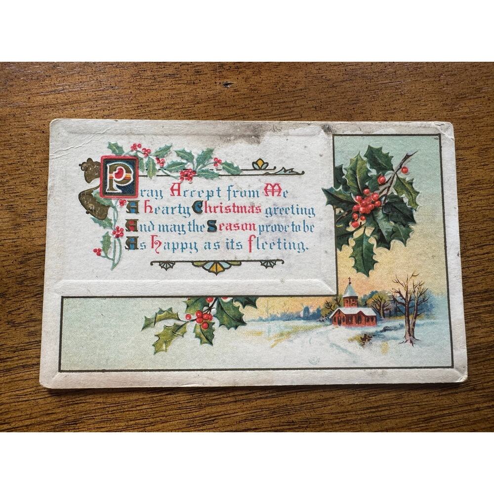 Vintage Embossed Christmas Postcard Holly Church Scene Series 1001 Unposted